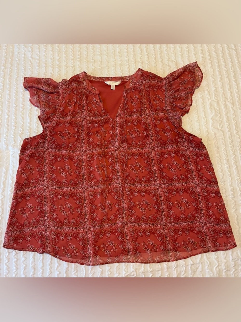 LC Lauren Conrad Rust Red Floral Flutter Sleeve Blouse